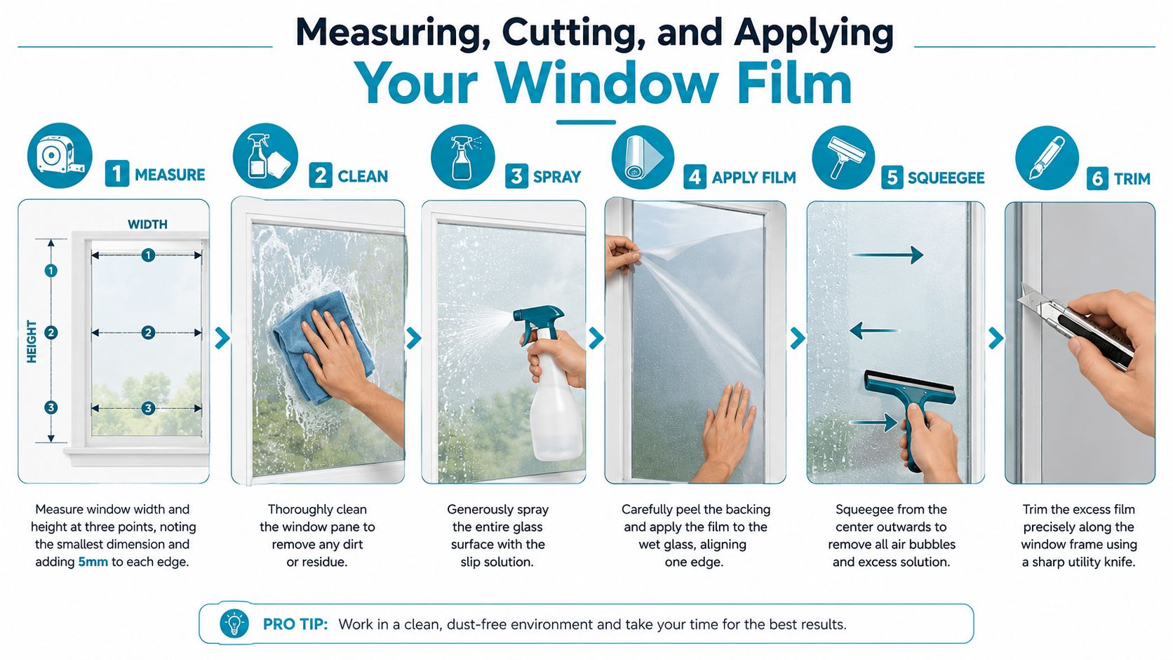 An infographic detailing the six steps to measure, cut, and apply DIY window privacy film correctly.