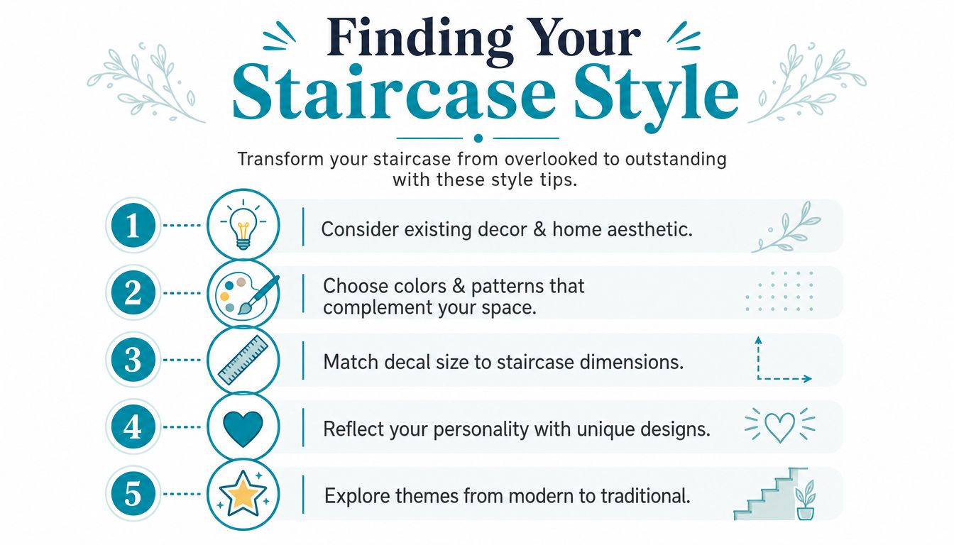 A five-step infographic guide on how to choose the perfect style for your staircase wall decals.