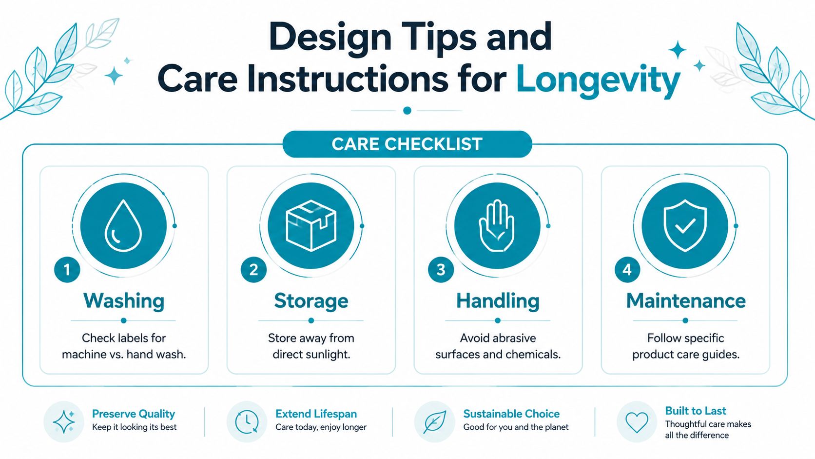 An infographic displaying a four-step care checklist to ensure product longevity, including washing, storage, handling, and maintenance tips.