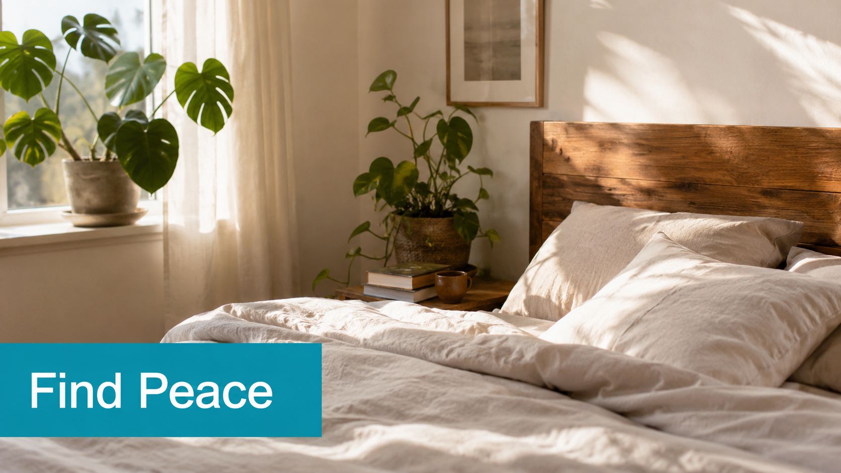 A serene sunlit bedroom featuring a cozy bed, lush green houseplants, and a peaceful, minimalist interior design.