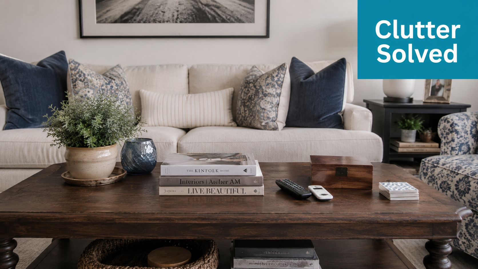 A neatly decorated living room with an apothecary coffee table featuring books, a plant, and remotes.