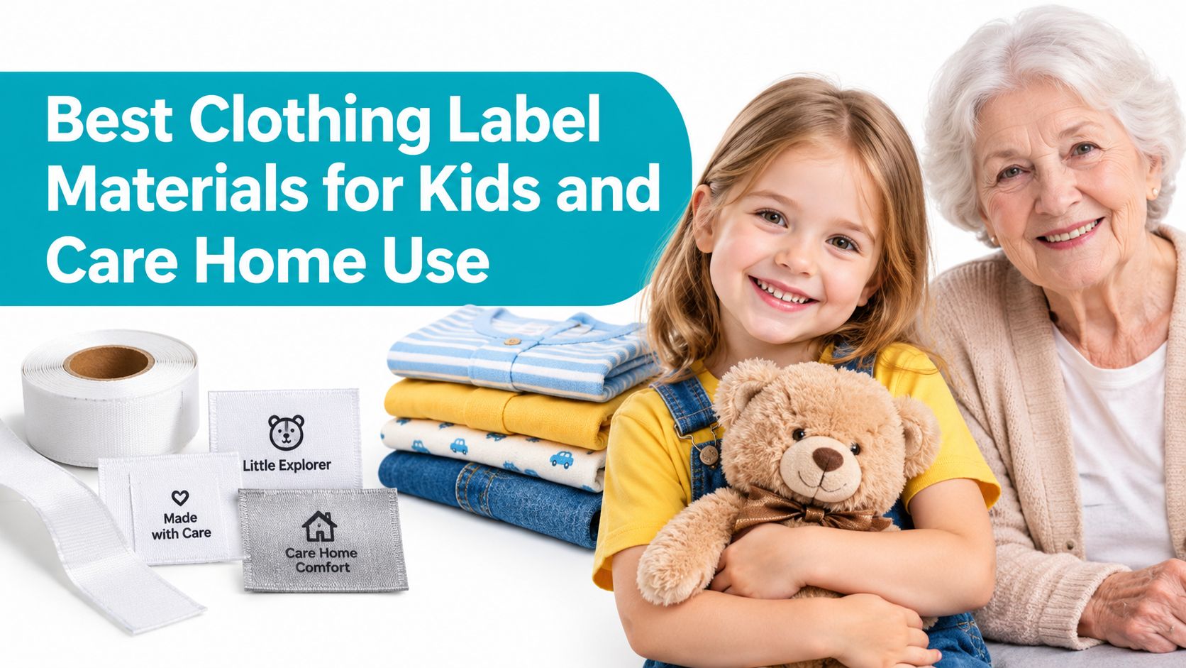 A smiling young girl holding a teddy bear next to an elderly woman, featuring clothing label materials.