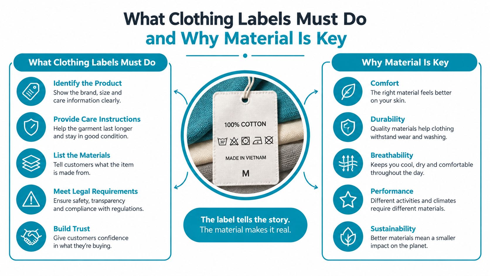 An infographic detailing the importance of clothing labels, material properties, and their role in garment quality.
