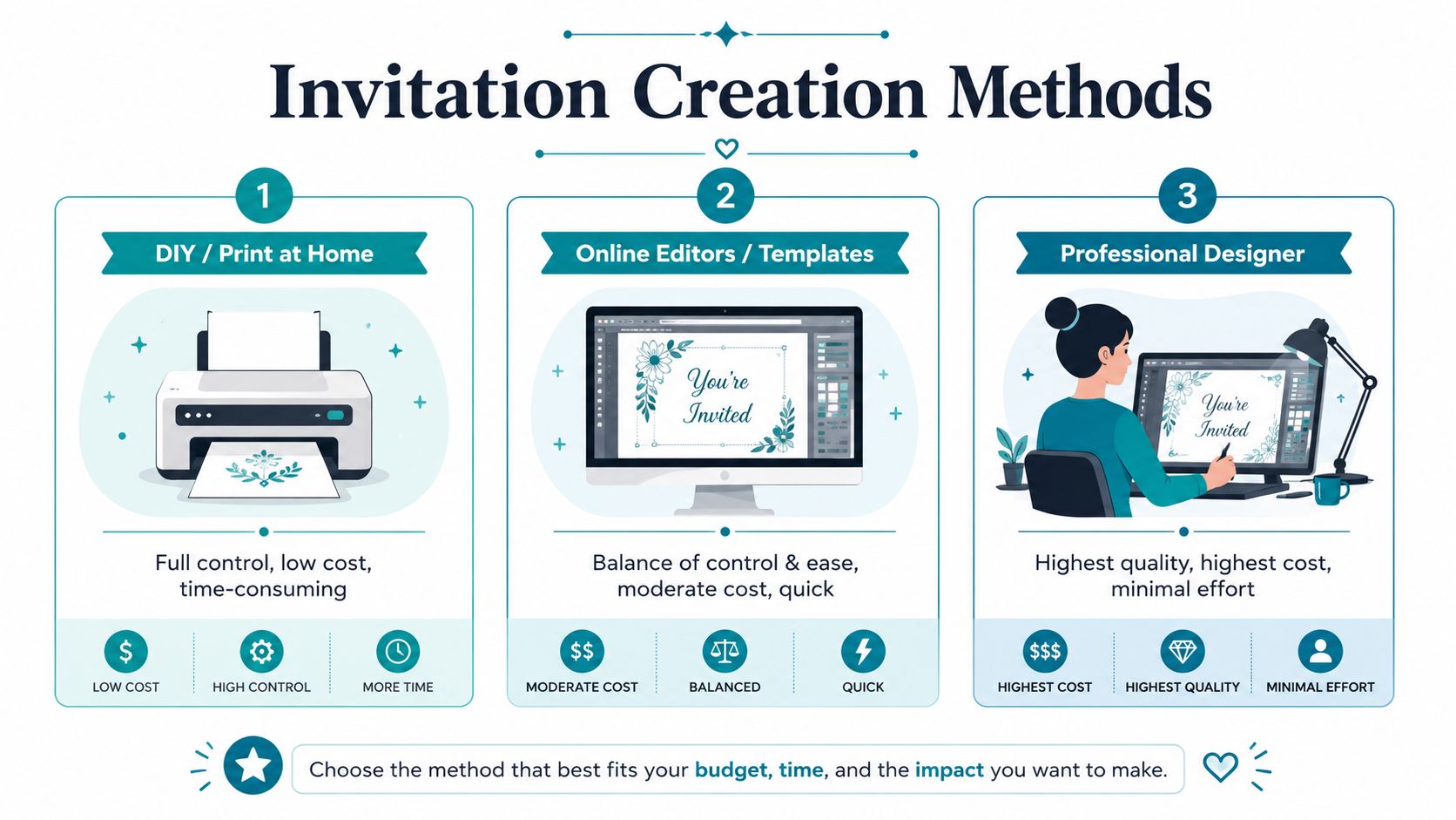 An infographic comparing three invitation creation methods: DIY, online editors, and professional design services.