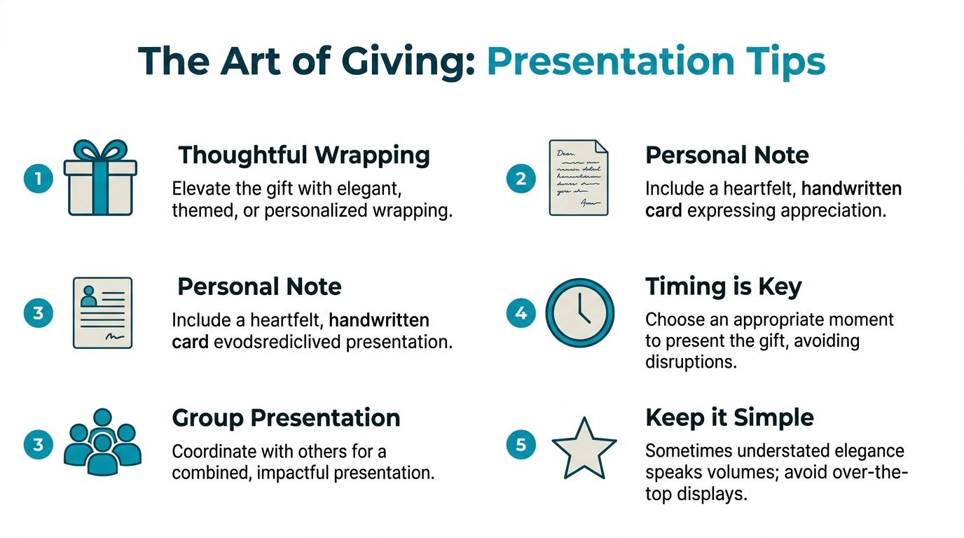 An infographic titled The Art of Giving showing numbered tips for presenting gifts elegantly to others.