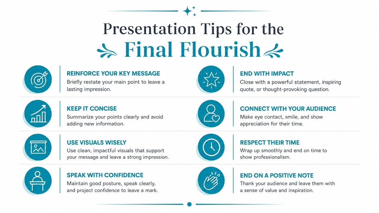 A professional infographic with eight tips for delivering a strong and memorable presentation conclusion.
