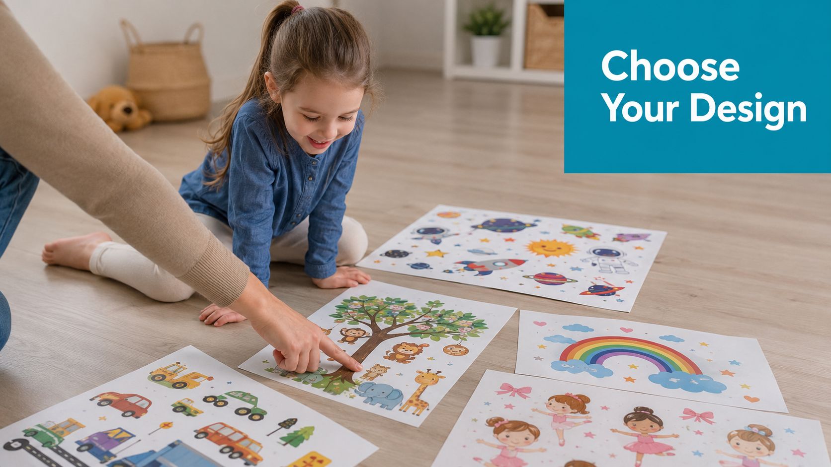 A young girl and her mother choosing colorful vinyl wall stickers on the floor at home.