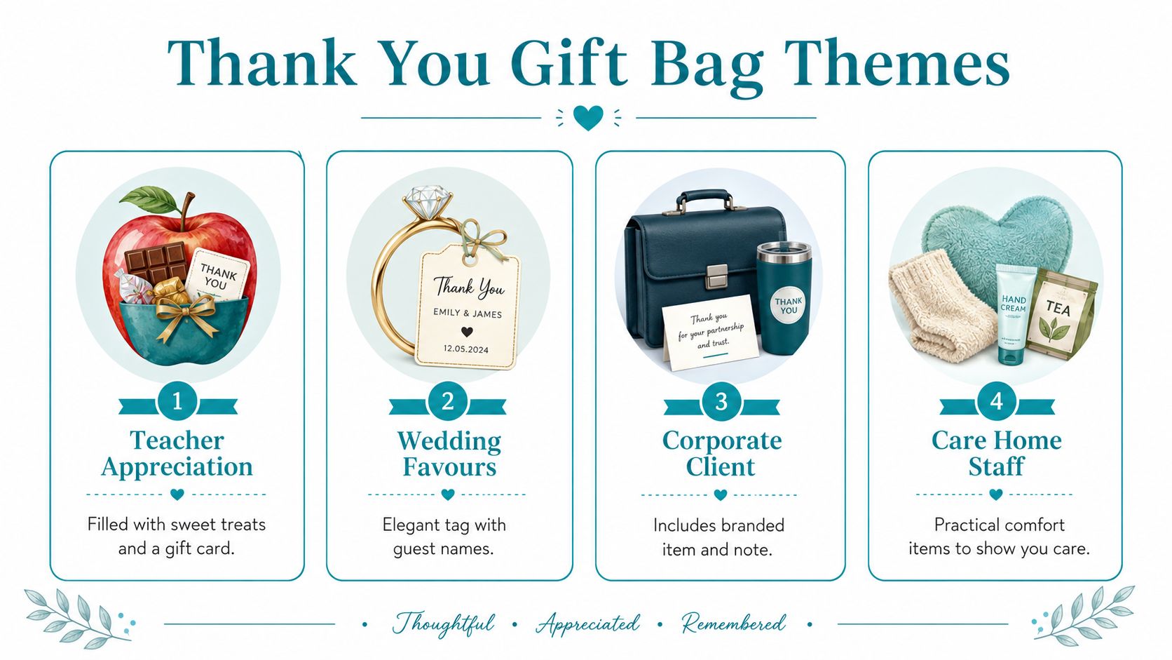 A guide showing four themed thank you gift bag ideas for teachers, weddings, corporate clients, and staff.