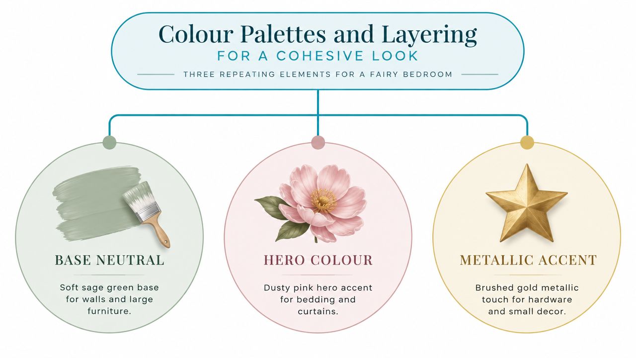 A graphic diagram explaining a color palette for a fairy bedroom featuring green, pink, and gold elements.