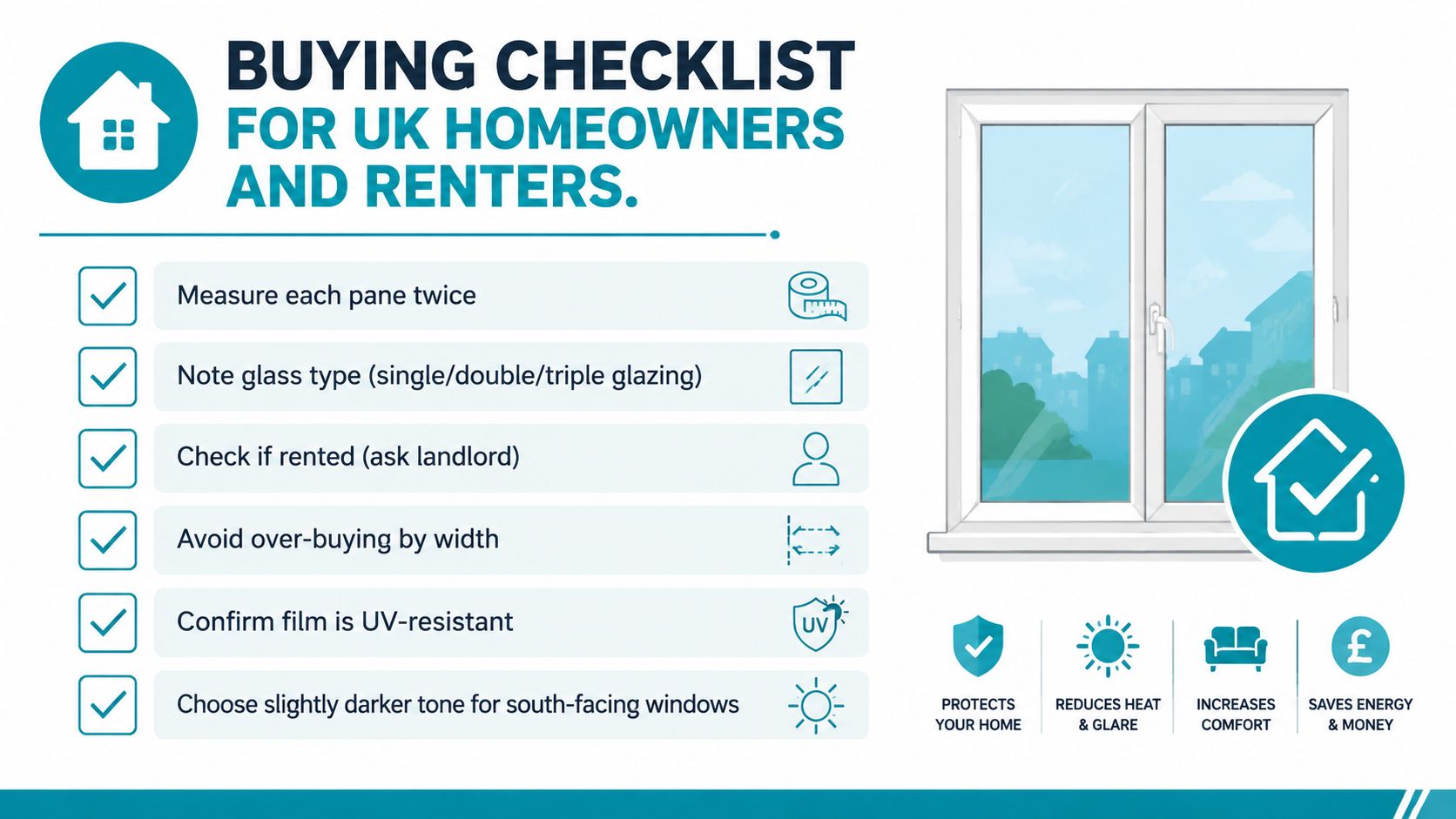 A helpful infographic showing a buying checklist for UK residents selecting window film for their home.