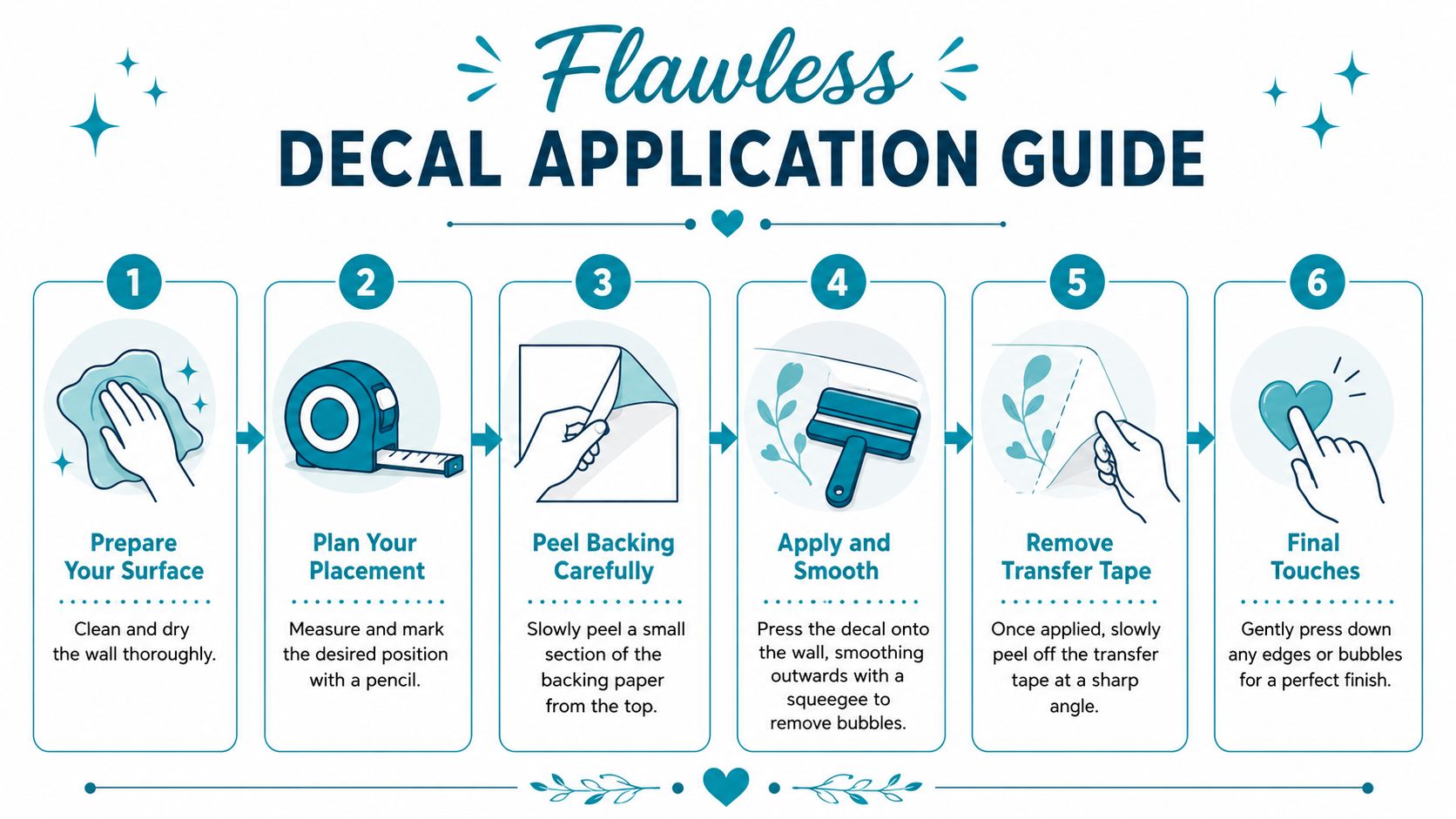 A step-by-step instructional infographic titled Flawless Decal Application Guide showing how to install wall decals correctly.