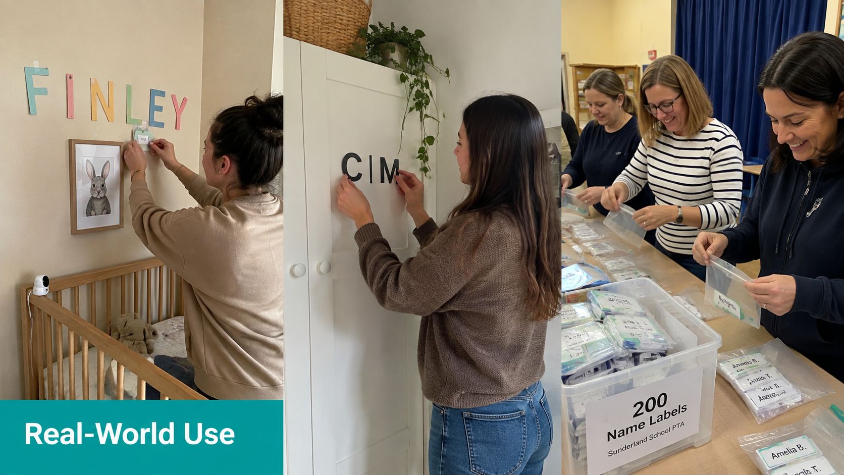 A three-part collage showing people using alphabet letter stickers to label nursery decor, storage cabinets, and school supplies.