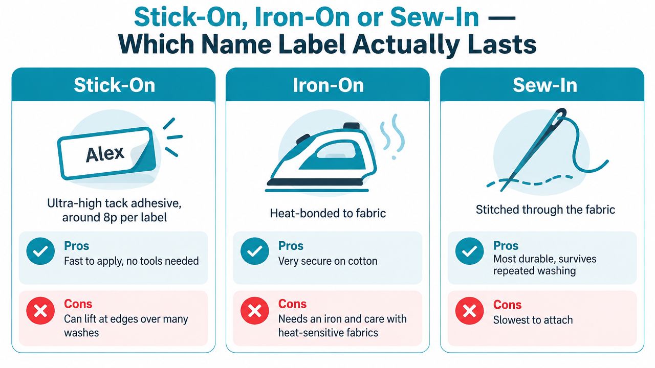 A comparison chart showing the pros and cons of stick-on, iron-on, and sew-in clothing name labels.