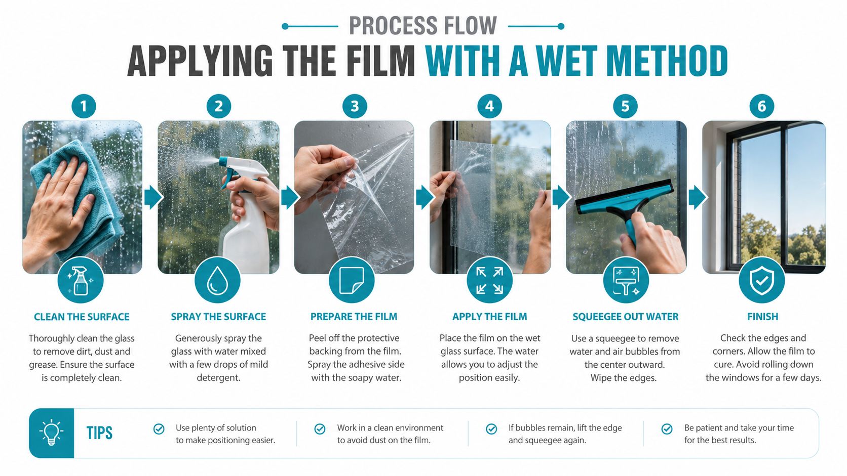 A six-step infographic demonstrating the process of applying window film using a wet installation method.
