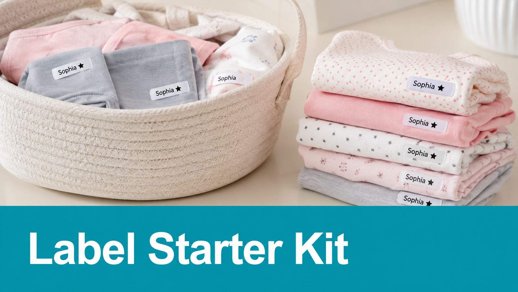 A woven basket filled with baby clothes and a stack of folded garments featuring personalized Sophia name labels.