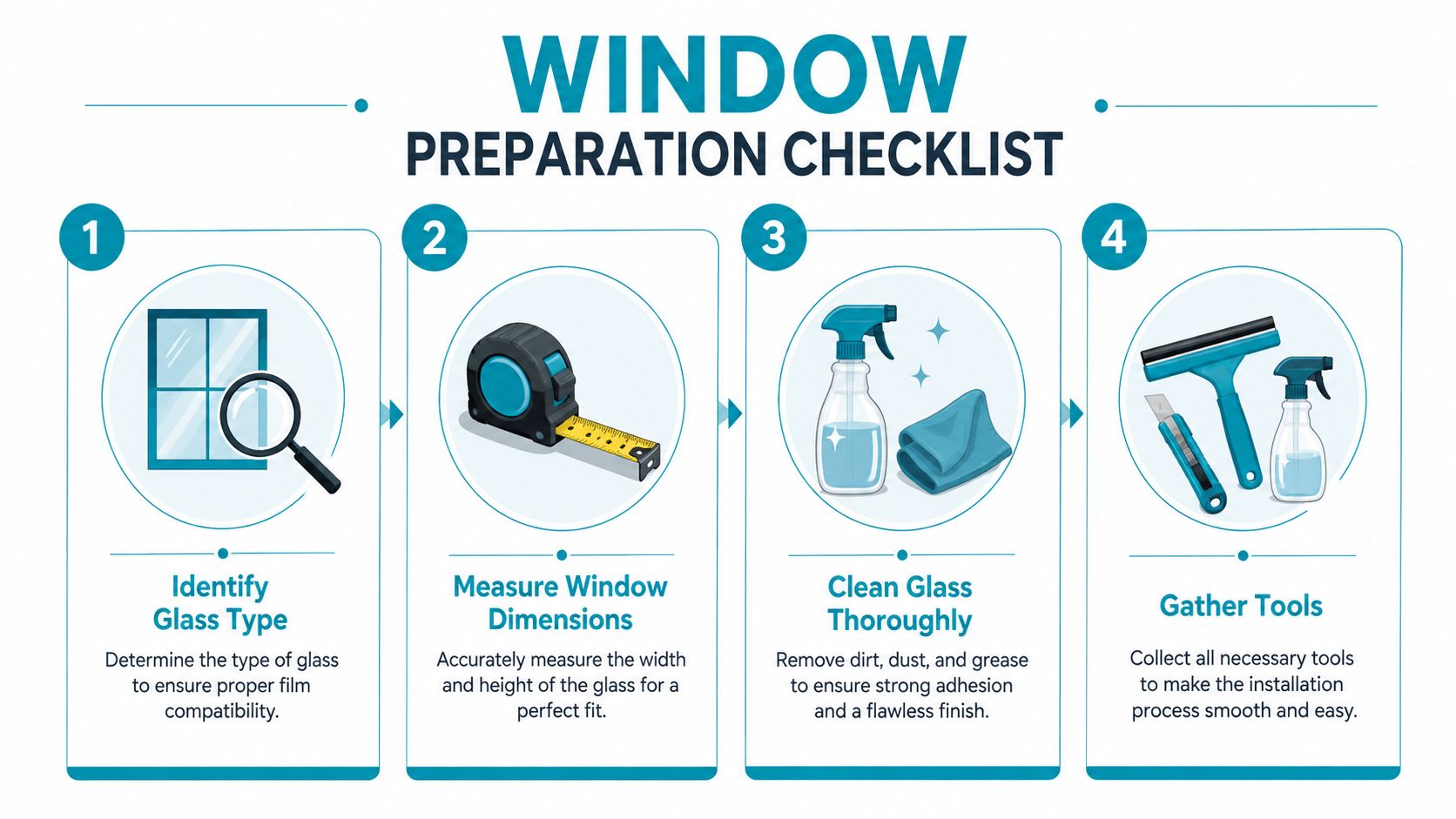 A four-step window preparation checklist infographic guiding users on how to install window film successfully.