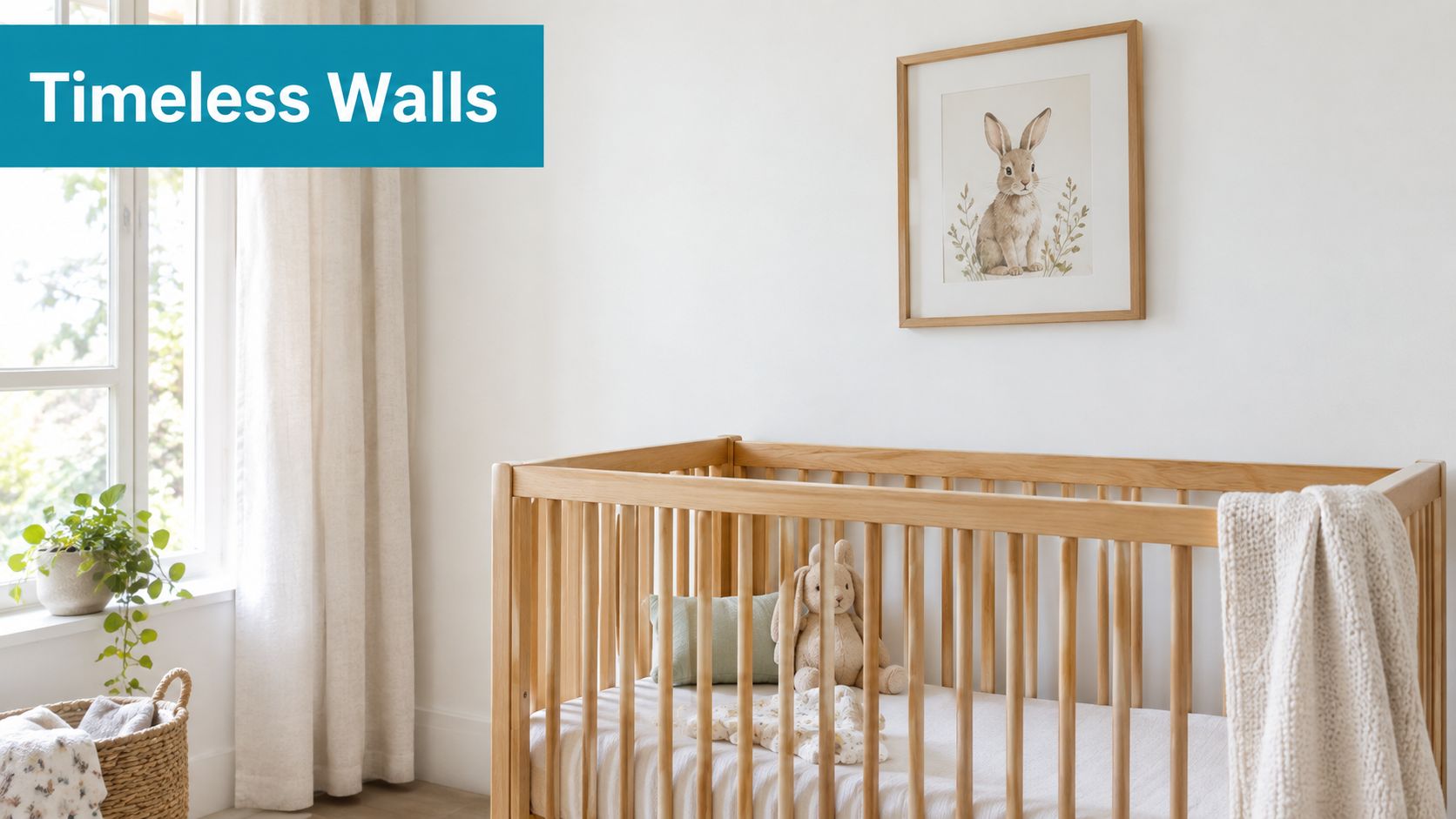 A serene nursery room featuring a wooden crib, a cute bunny wall print, and natural light.