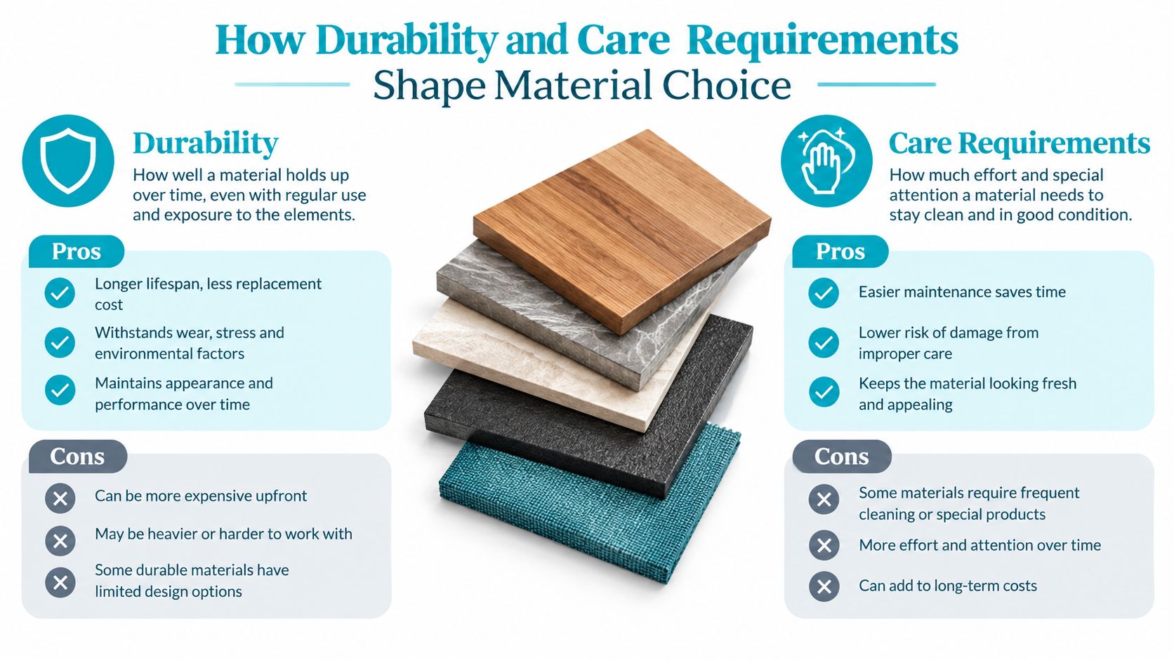 A comparison chart outlining the pros and cons of material durability versus material care requirements for design.