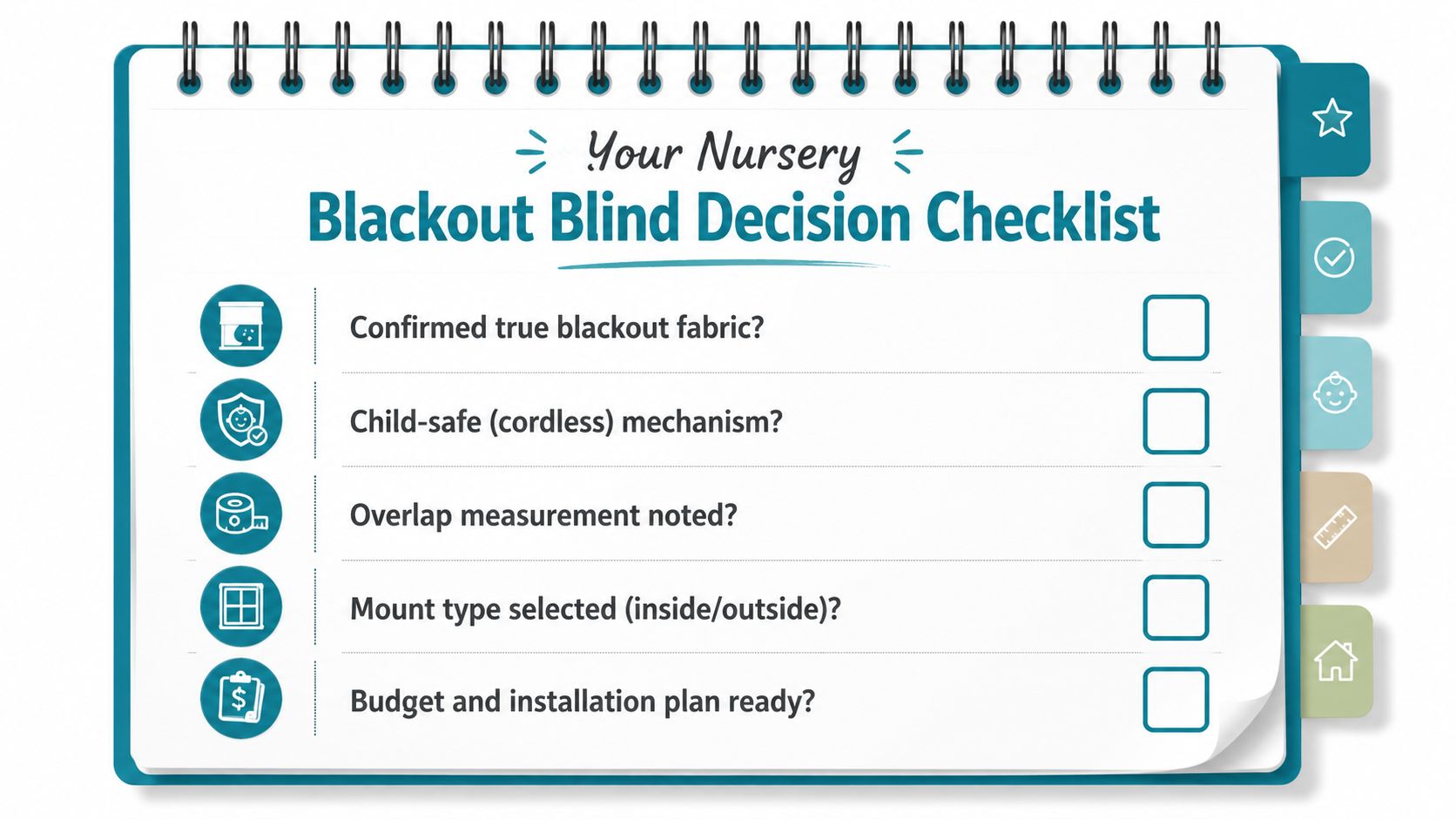 A nursery blackout blind decision checklist with five items to consider before purchasing window coverings.