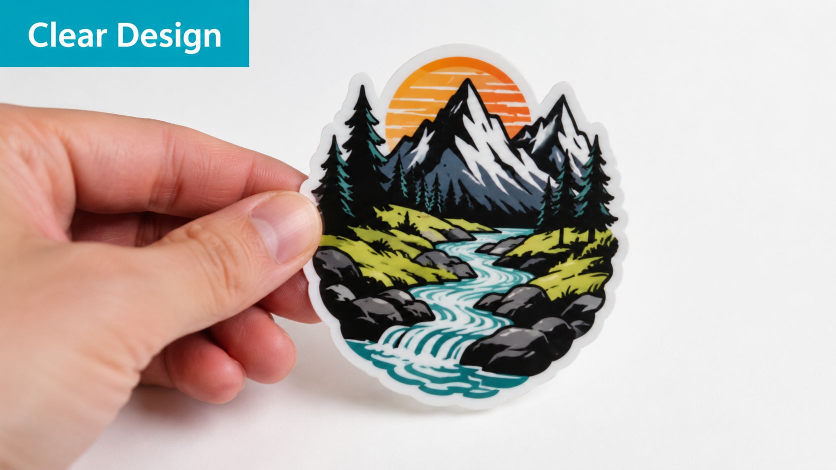 A hand holding a circular sticker featuring a scenic landscape with mountains, pine trees, and a river.