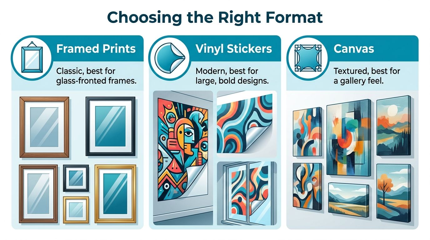 A comparison guide showing three display formats: framed prints, vinyl stickers, and canvas wall art.
