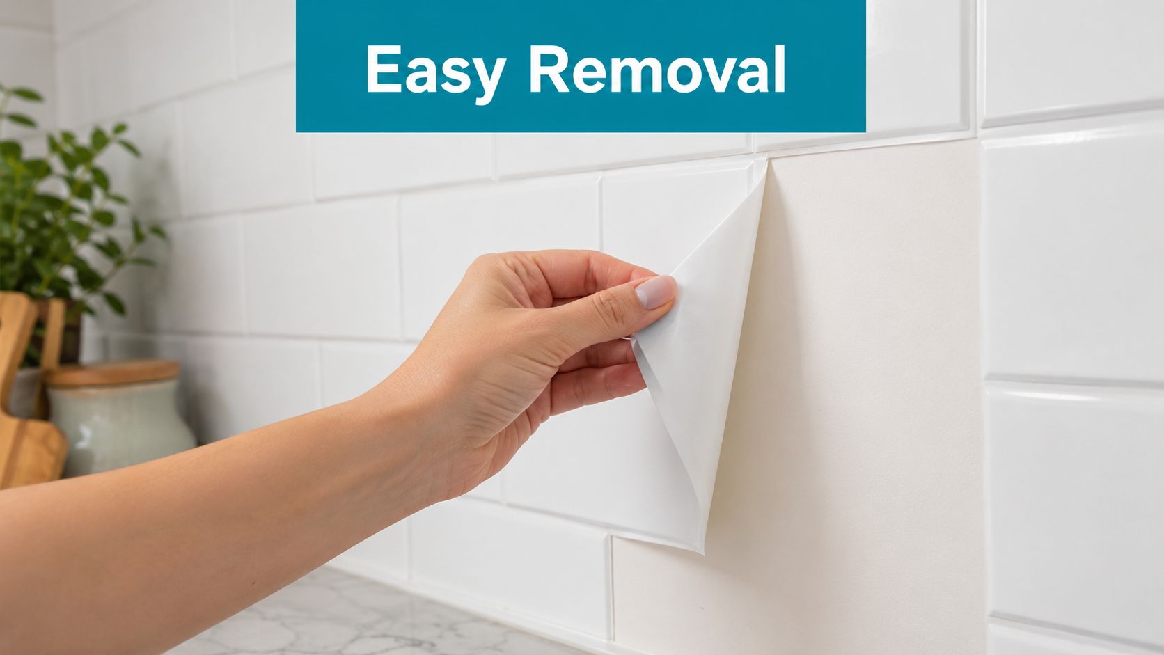 A person peels a self-adhesive white tile sticker off a kitchen wall backsplash with ease.