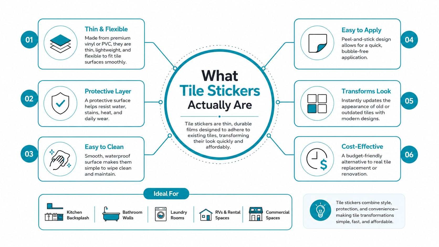 An infographic titled What Tile Stickers Actually Are detailing the benefits and ideal uses for home renovation.