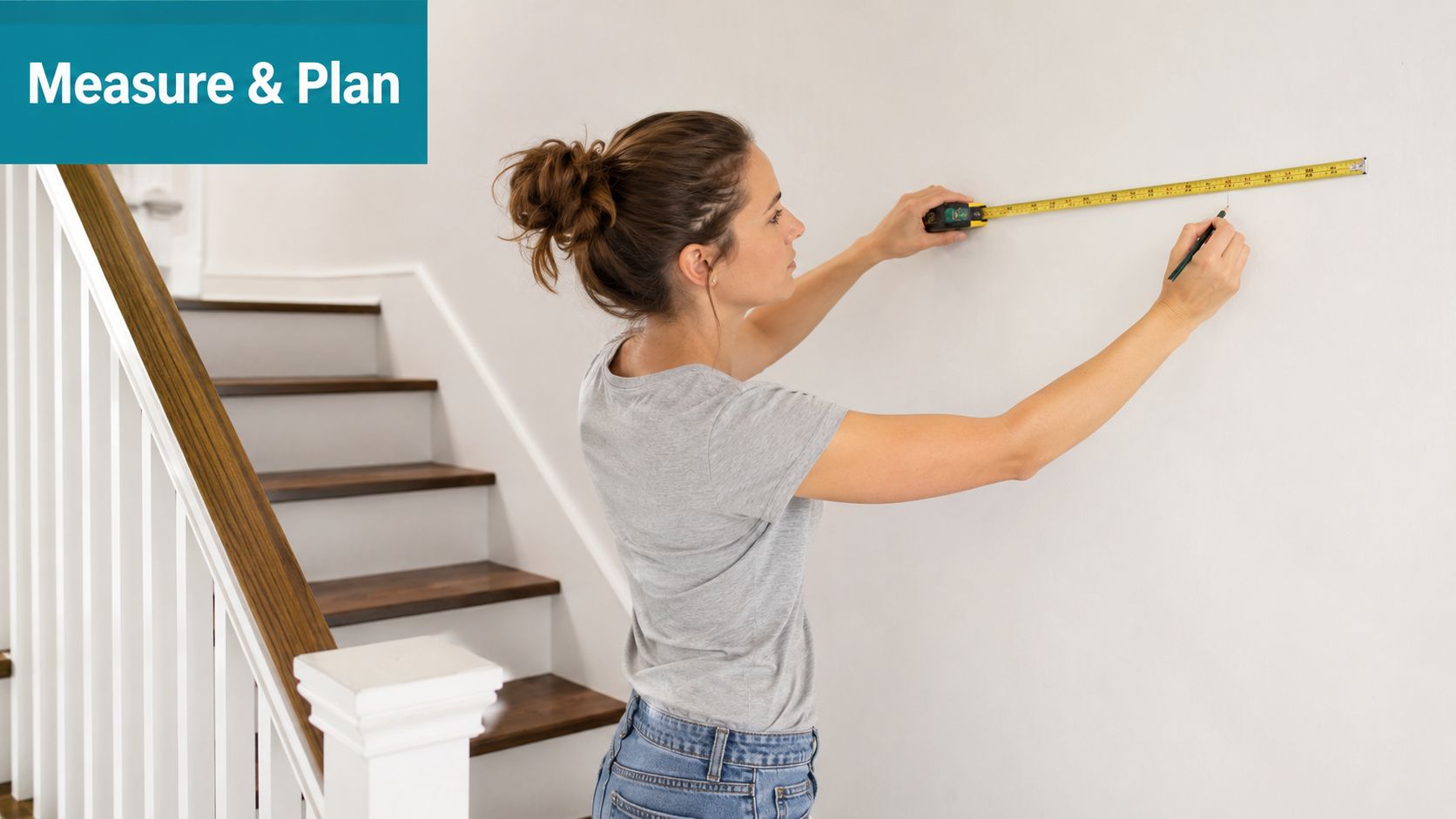 A woman using a measuring tape and pencil to mark a spot on a white staircase wall.