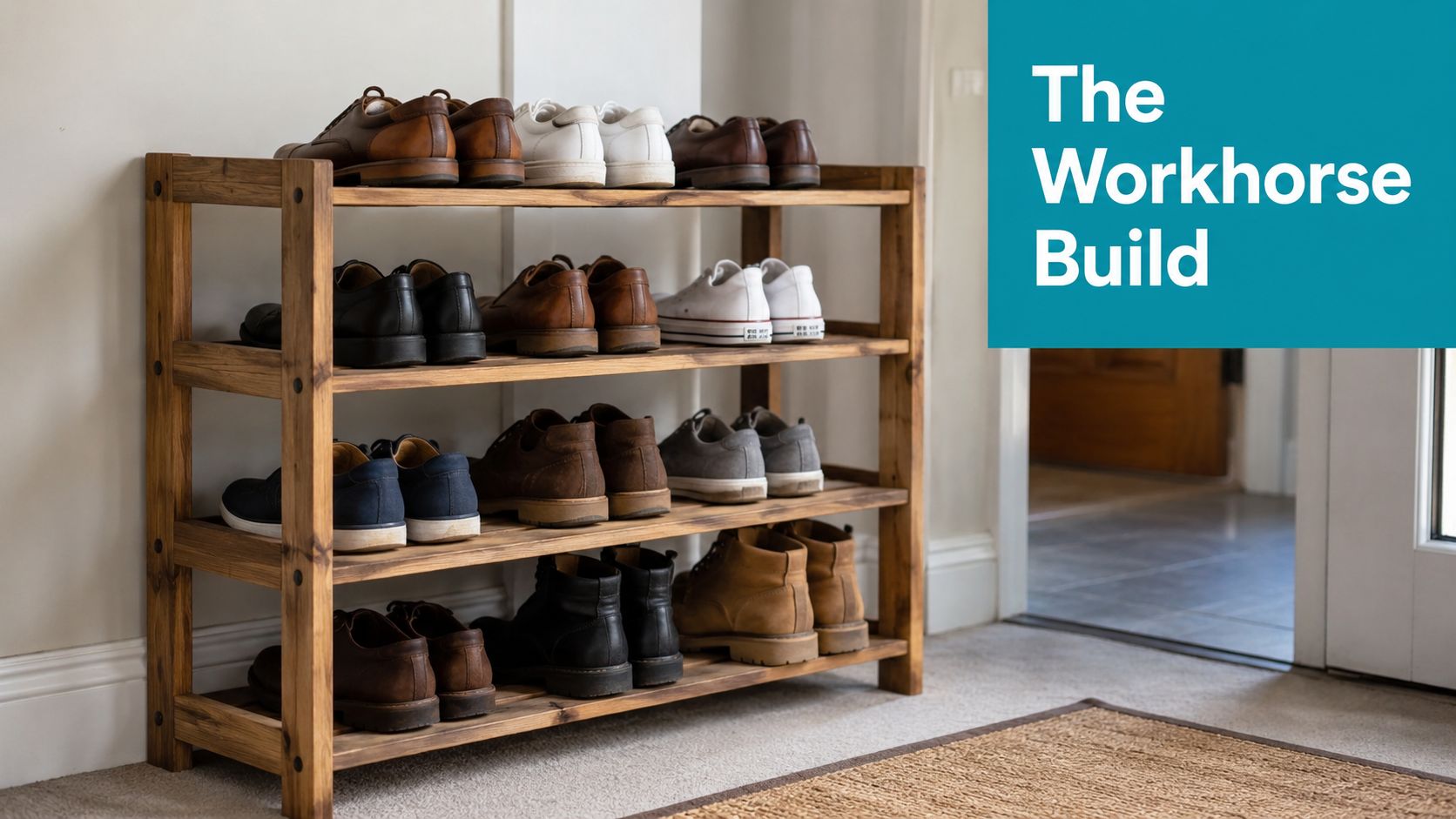 A wooden four-tier shoe rack holding various styles of shoes in a home entryway.