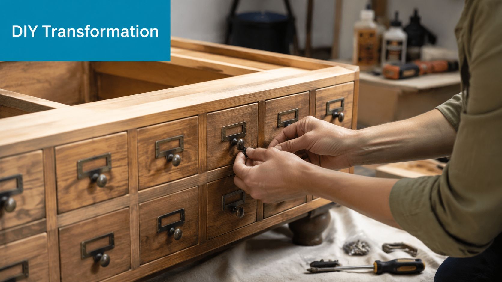 A person carefully installing metal label pull handles onto a handcrafted wooden apothecary coffee table drawer.
