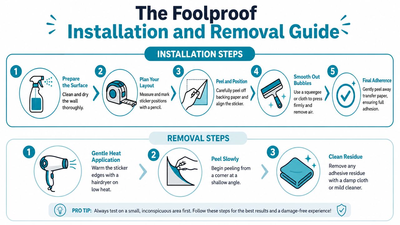 A visual instruction guide illustrating the steps to install and remove wall stickers for home decoration.