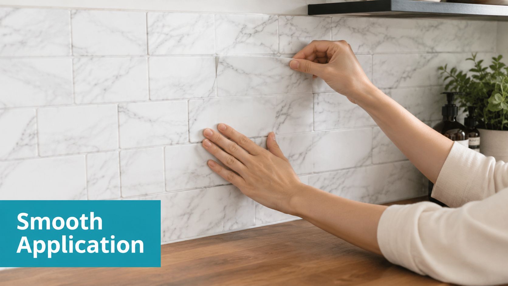 A person applying marble-patterned self-adhesive tiles to a kitchen backsplash for a smooth and clean finish.