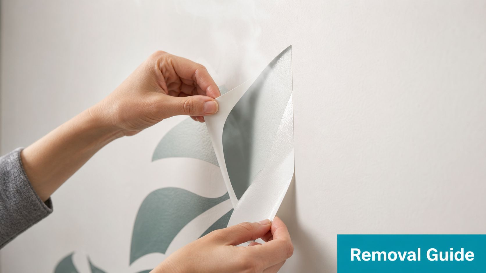 A pair of hands carefully peeling a leaf-shaped wall sticker off a clean white wall surface.