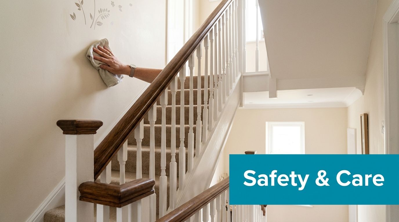 A person cleaning a painted wall with a cloth above a wooden staircase in a bright home.