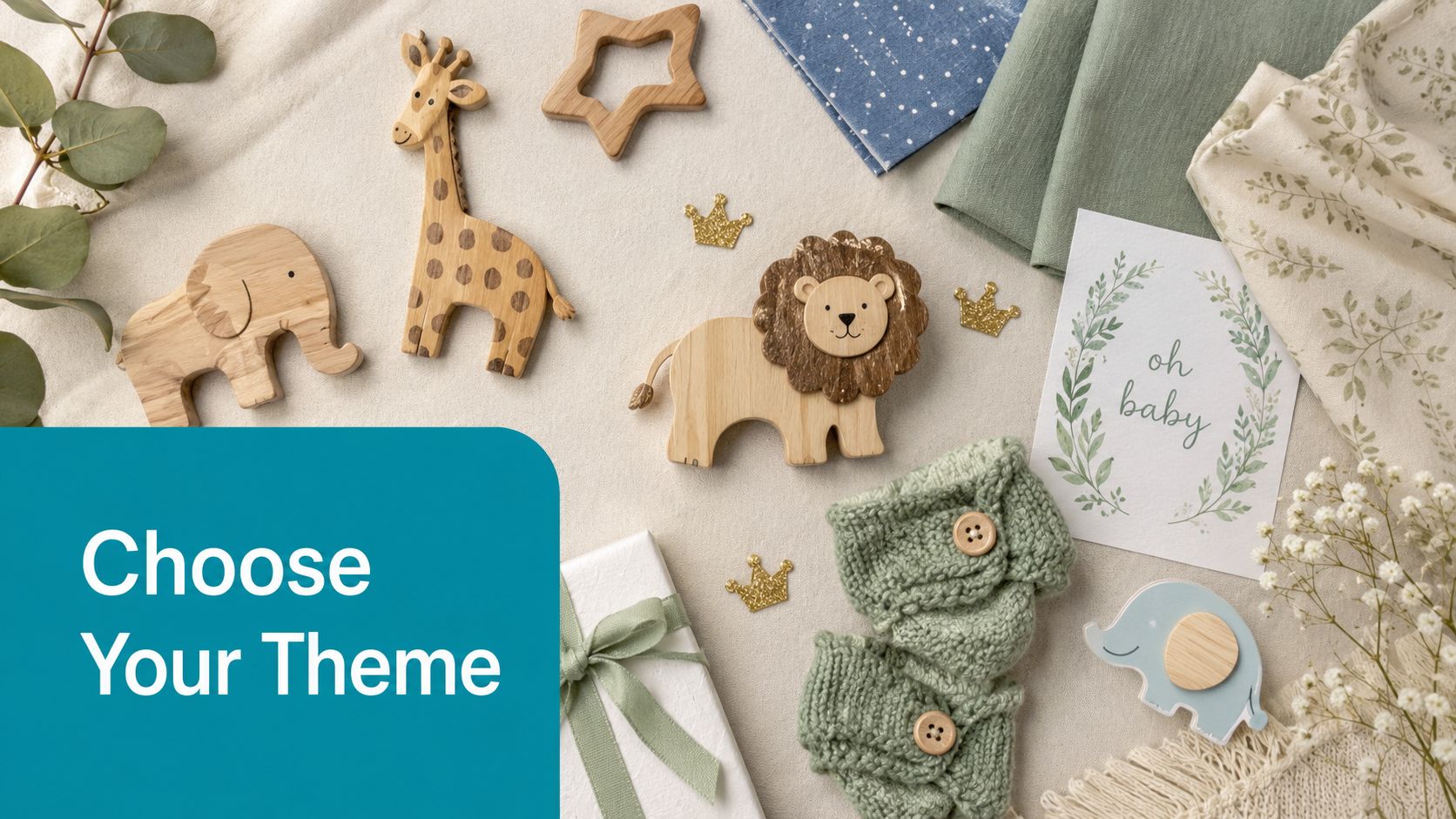 A flat lay baby shower invitation for a boy with wooden animal toys and green accents.