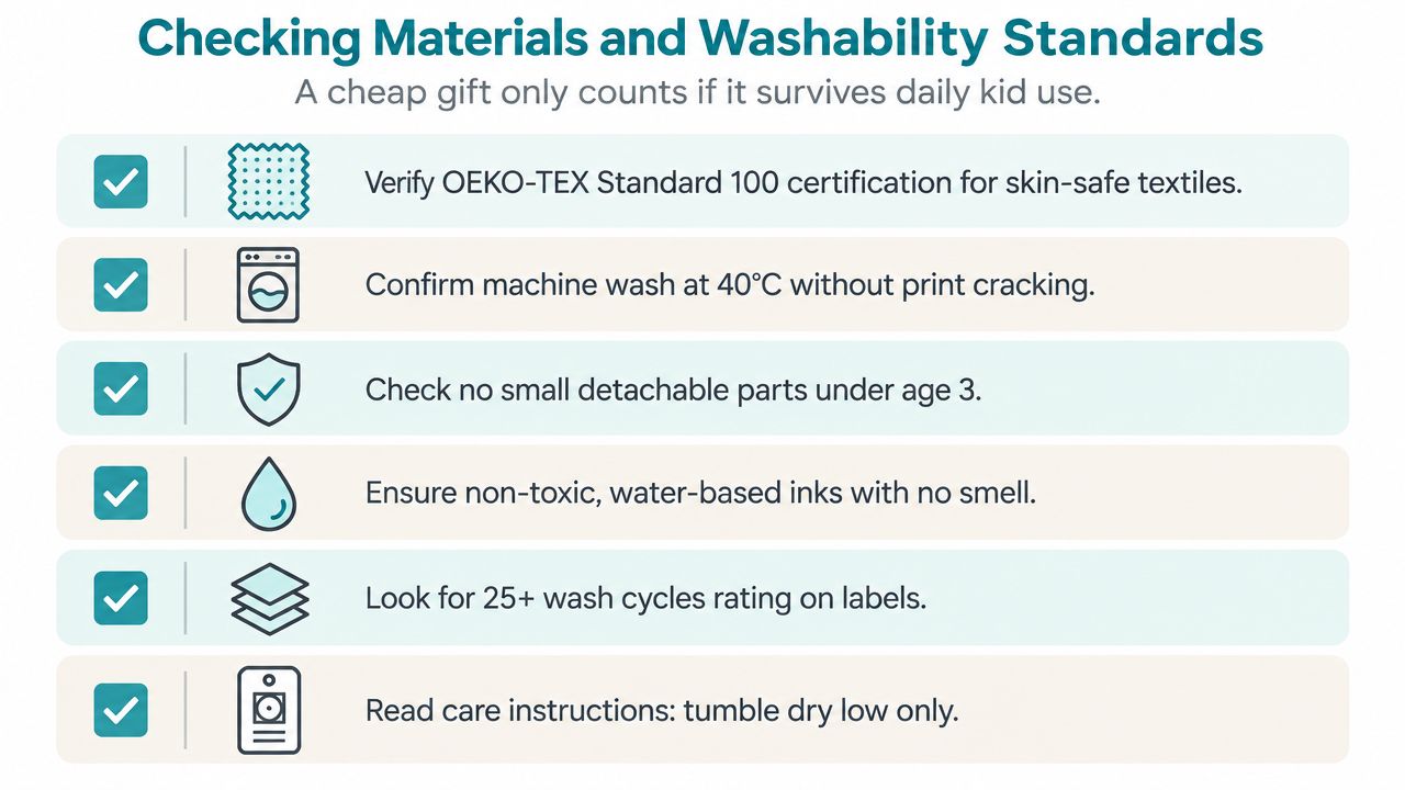 A checklist infographic outlining safety and durability standards for high-quality, long-lasting children's gift materials and products.