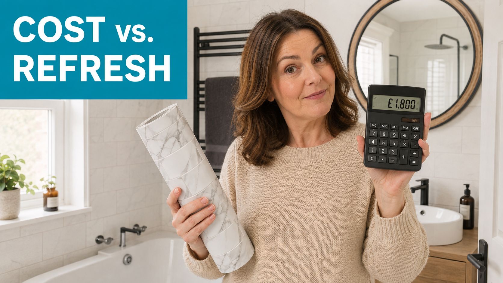 A woman holds a roll of marble effect vinyl stickers and a calculator showing a cost total.