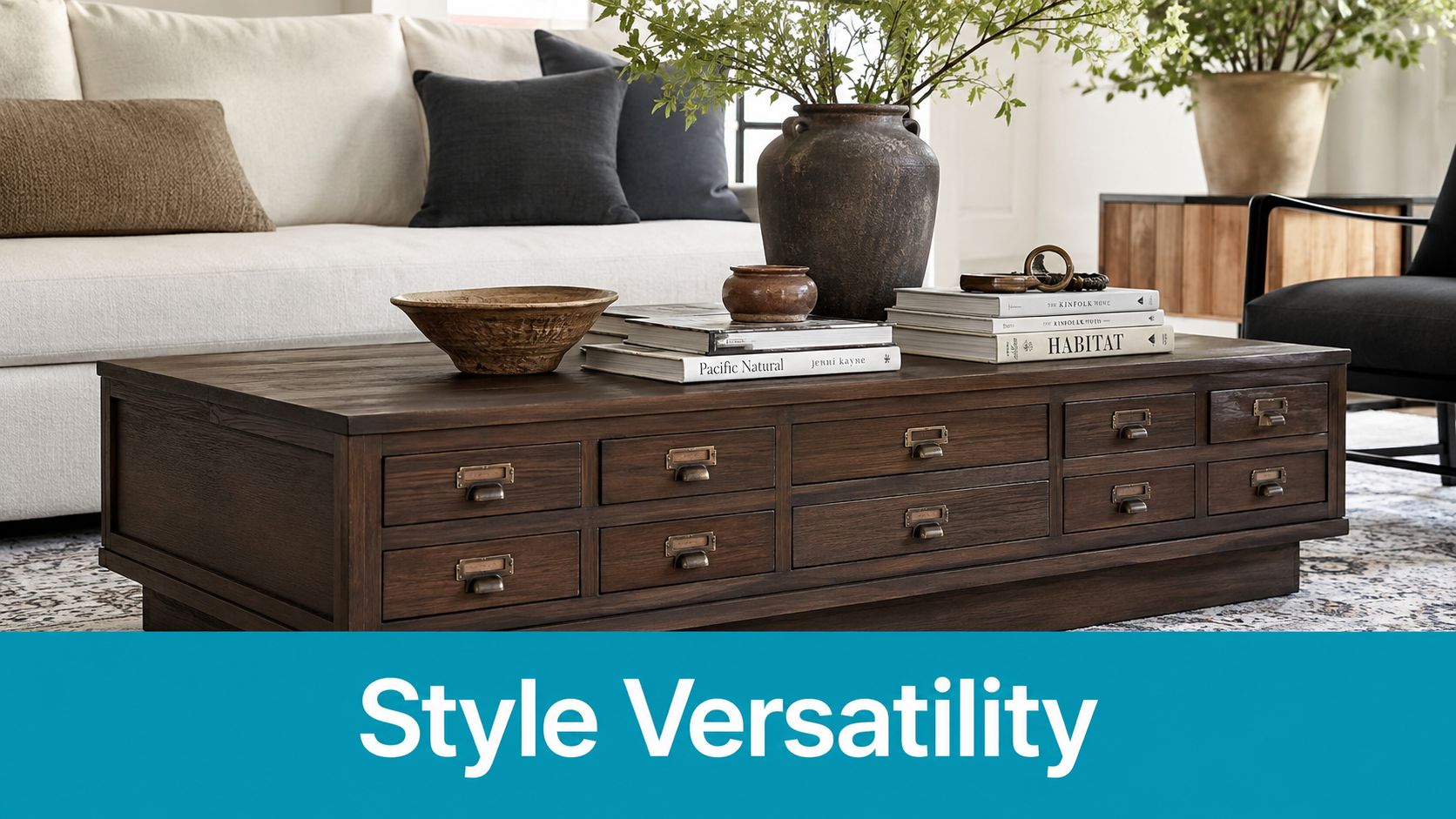 A rustic wooden apothecary coffee table with multiple drawers in a bright, modern living room setting.