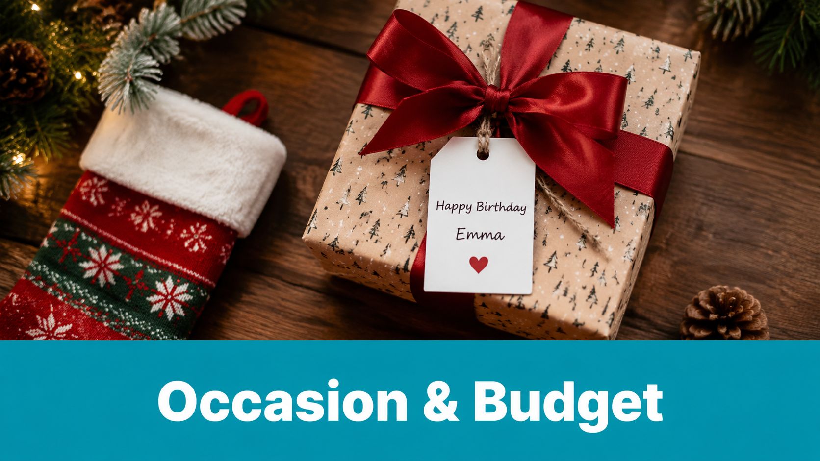 A wrapped Christmas-themed gift box with a tag saying Happy Birthday Emma next to a stocking.
