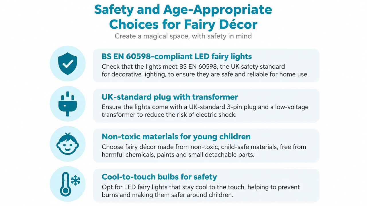 An infographic detailing safety tips and age-appropriate choices for fairy light bedroom decor and accessories.