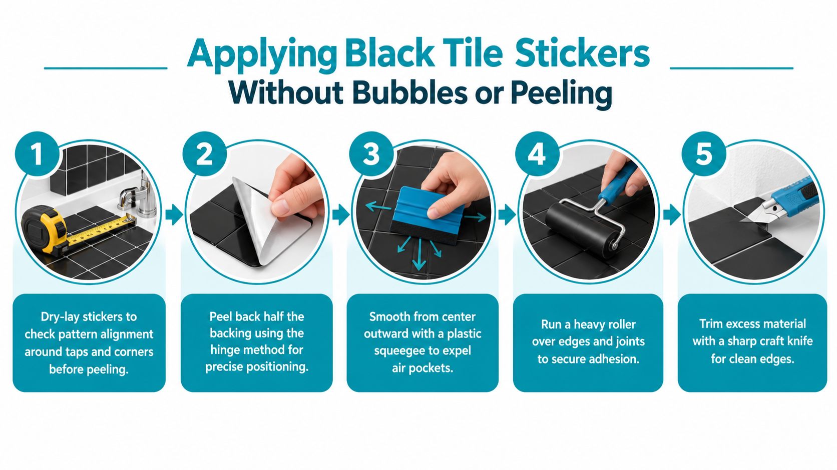 A five-step infographic showing how to apply black tile stickers to a bathroom surface professionally.