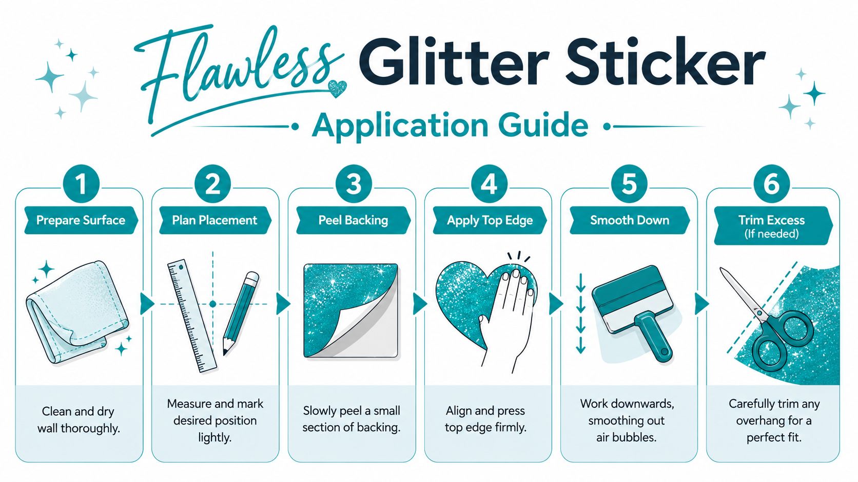 A six-step instructional guide for applying glitter wall stickers, displayed with clear numbered icons and text.