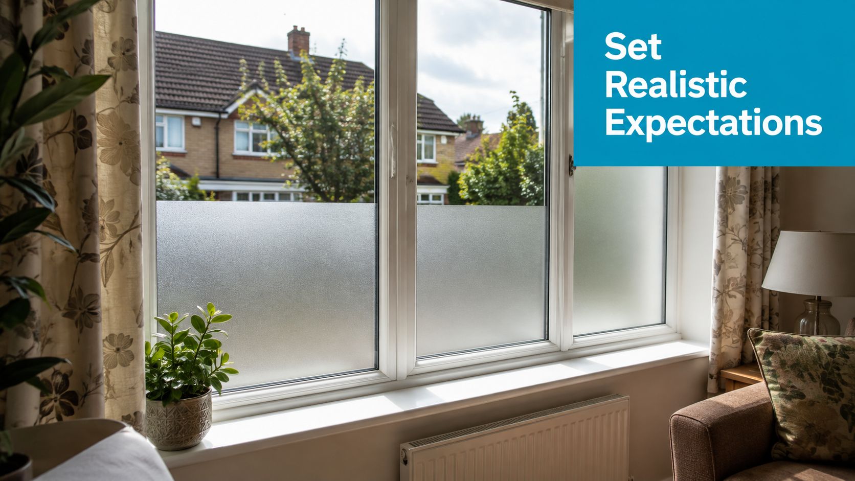 A modern window in a cozy living room featuring privacy film applied to the glass panes.