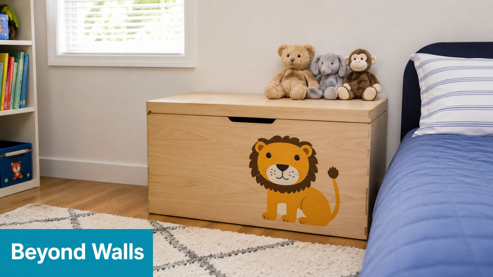 A wooden toy chest featuring a cute lion illustration in a child's bedroom with plush animal toys.