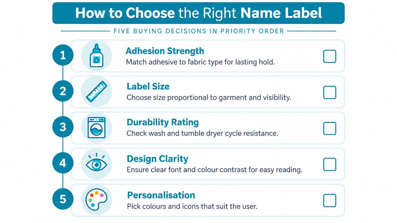 An infographic titled How to Choose the Right Name Label outlining five priority buying decisions for customers.