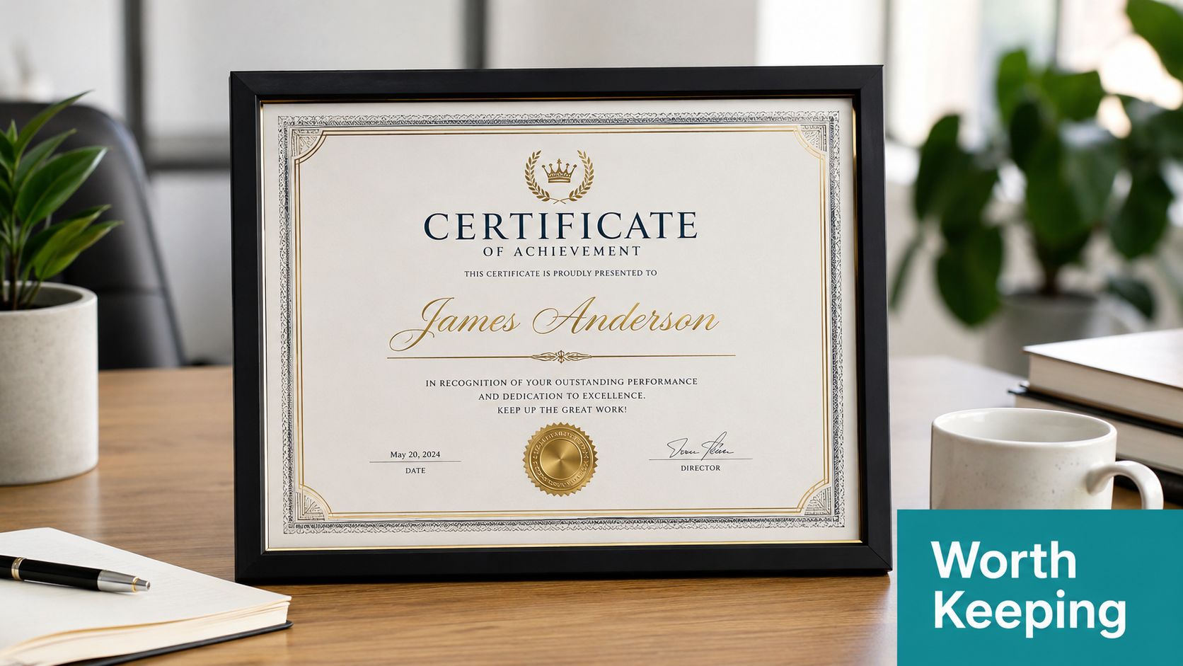 A framed certificate of achievement for James Anderson displayed on an office desk with a coffee mug.