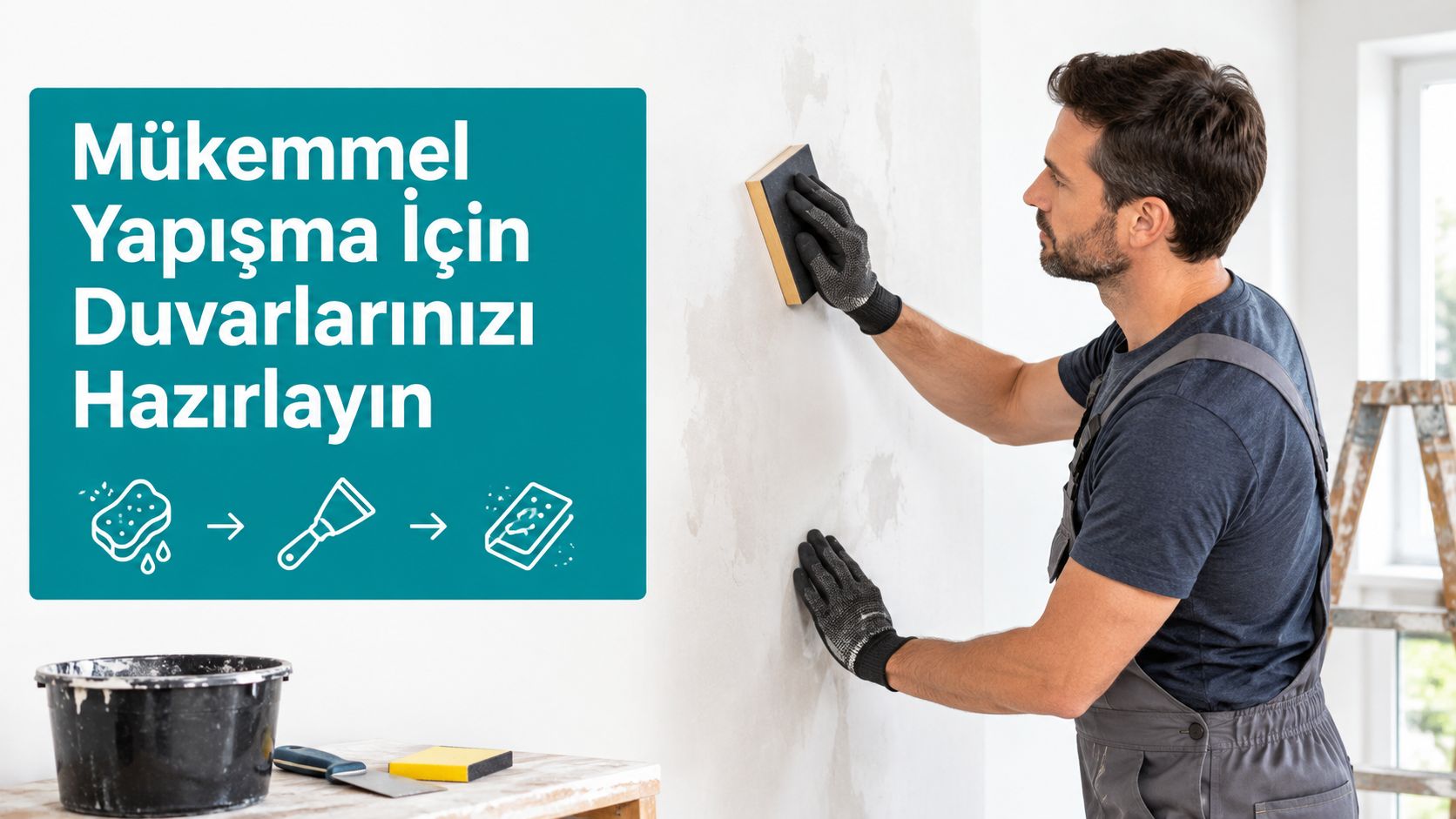 A professional tradesman smoothing a wall surface with a sanding block before applying wall decals.