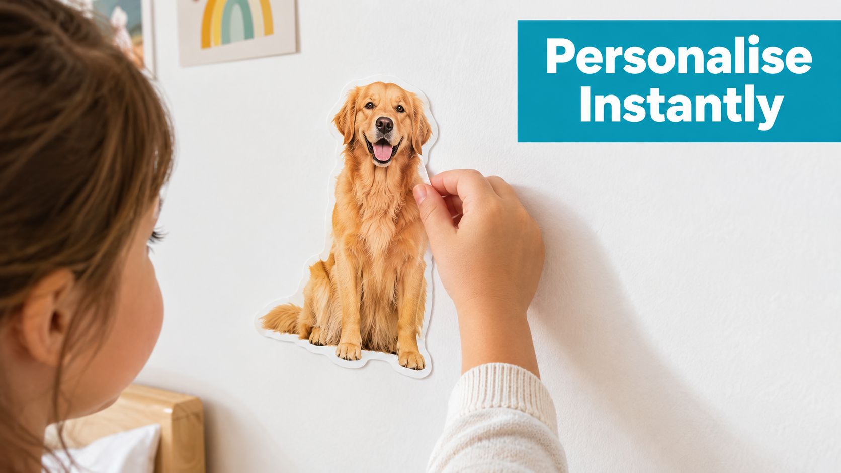 A young child places a die-cut sticker of a golden retriever dog onto a white bedroom wall.
