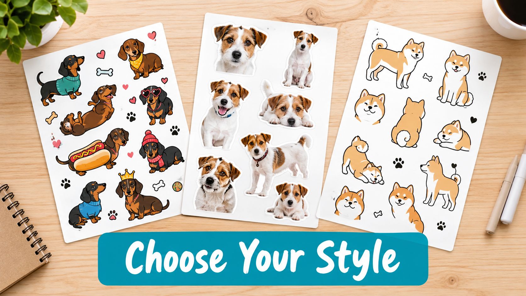 Three sticker sheets featuring various cartoon and realistic dog breeds arranged on a wooden table.