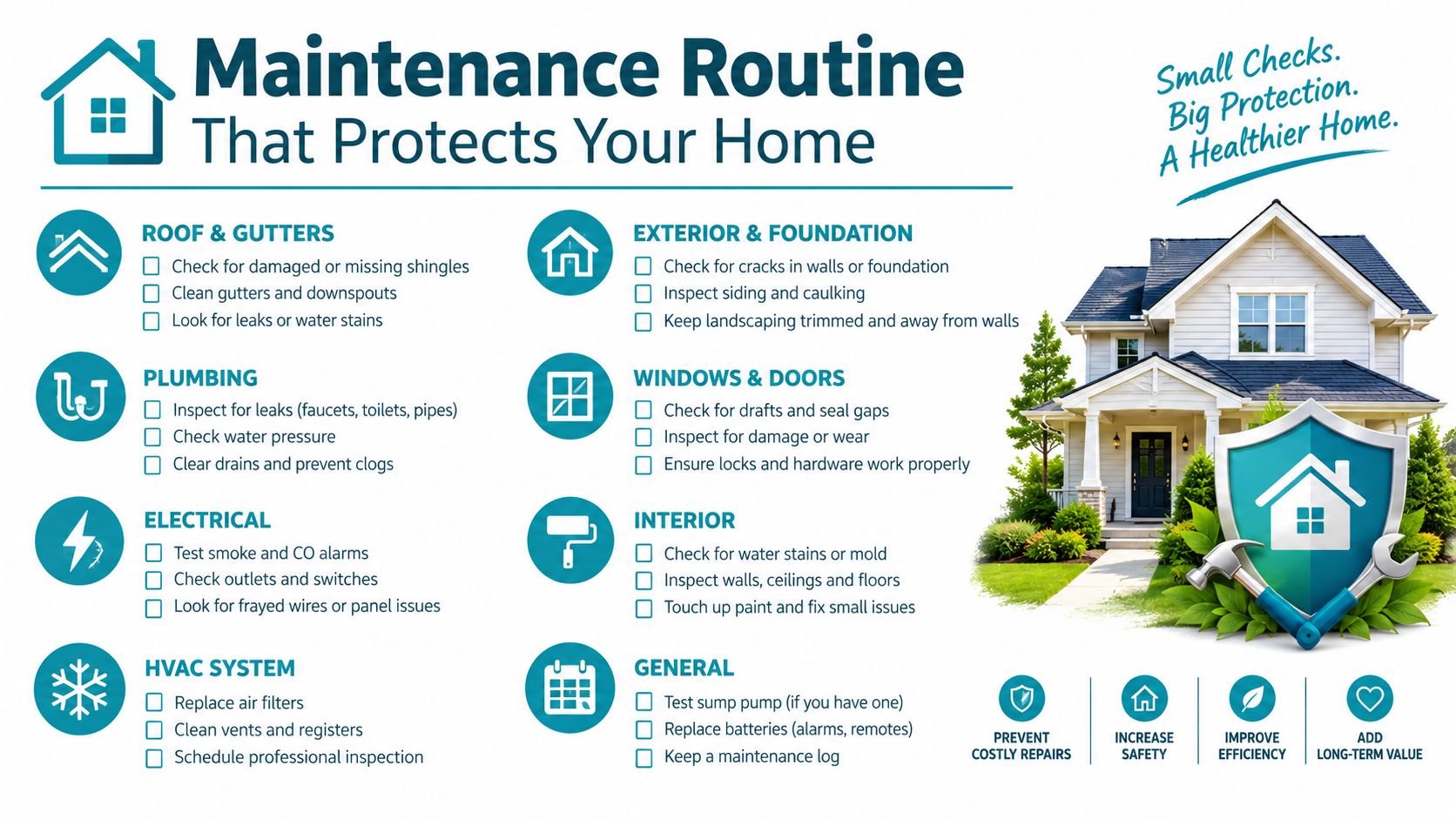 A home maintenance checklist graphic detailing routine tasks for roof, plumbing, electrical, HVAC, and interior house care.